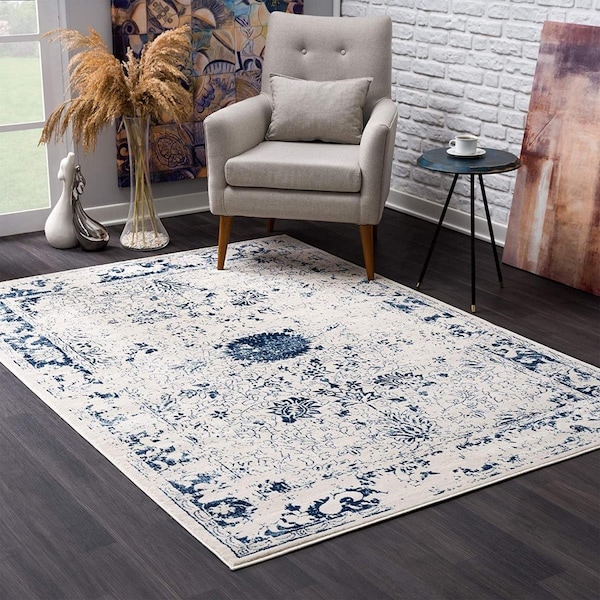 Palacedesigns 4 x 6 ft. Navy Blue Distressed Floral Area Rug - Navy Blue - 4' x 6' PA3096255 - main